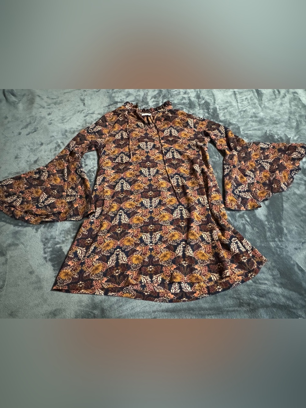 Umgee Tunic Dress Womens Small Floral Print Bell Sleeve Keyhole Neck Boho
